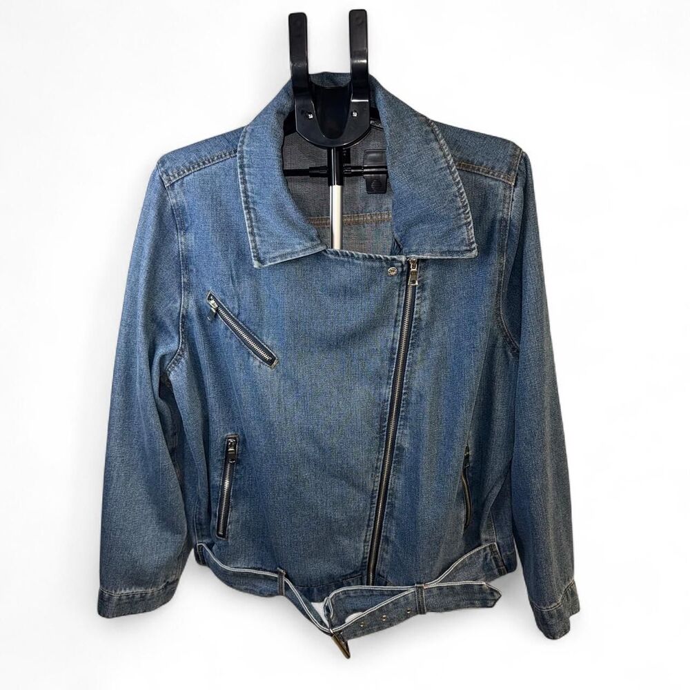 Ashley Stewart Denim Moto Jacket Women’s 18/20 Plus Size Belted Zip Blue